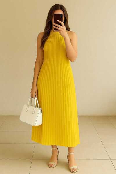 Elbikom Pileli kumas sarı elbise