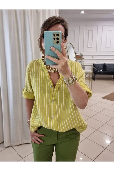 pudubutik Oversize Pamuklu Boyuna Çizgili Gömlek Sarı