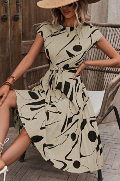 Mossta Φόρεμα με στρογγυλή λαιμόκοψη, πλισέ, με ζώνη - Μπεζ