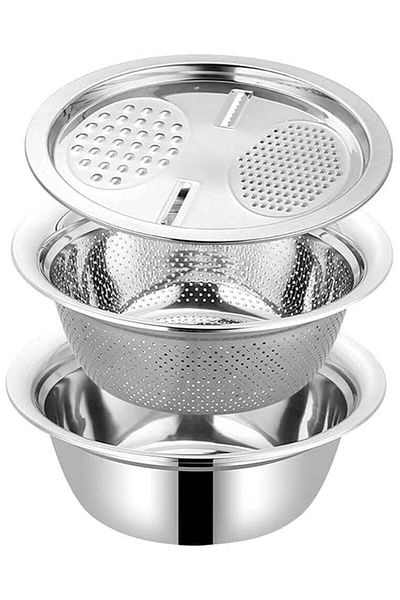 Generic Stainless Steel Mirror Finish 3-in-1 Multipurpose Drain Basket-Grater-Basin Bowl; Vegetable Slicer f