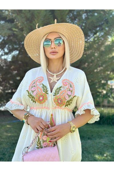 Robin 38882 Embroidered Dress Ecru