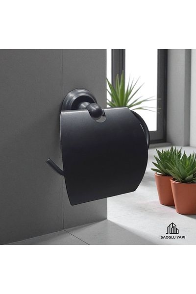 İSAOĞLU YAPI Matte Black Toilet Paper Holder Vintage Design Covered Paper Holder Black