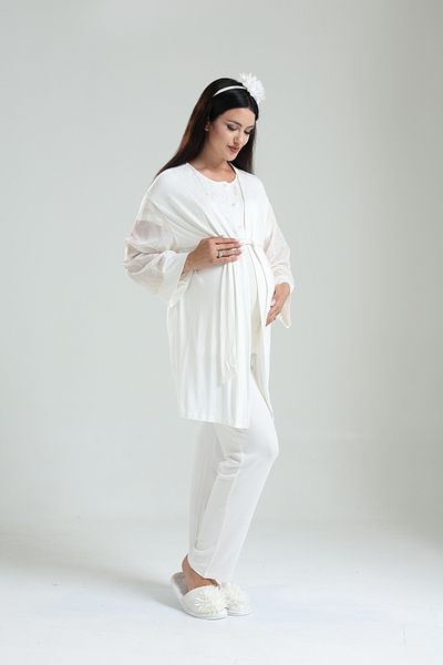 BLACKMORE Set de pijamale de maternitate din 3 piese pentru maternitate, cu mâneci și guler din dantelă, ecru