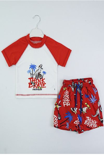 PODİUM GİYİM New Season Cute Dinosaur Printed Two Piece Diving Fabric -Uv Protection- Shorts-Men's Swimsuit