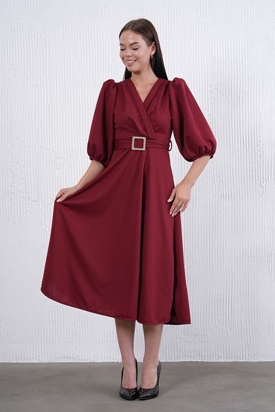 vuvutasarım Stretch Fabric Short Balloon Sleeves V Neck Belt Detail Flared Cut Midi Length Burgundy Evening Dress 3602