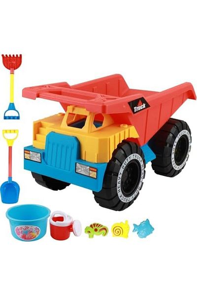 Toybox Kids Beach Dump Truck Toy Set with Sand Tools, Large Heavy Duty Wheels, Bucket and Moulds, Multicolo