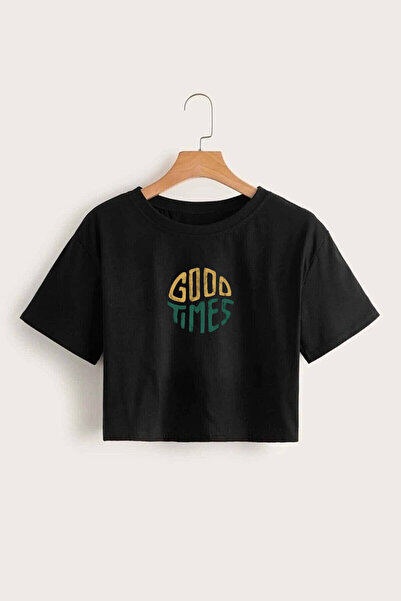 GRİLAND قميص نسائي قصير من القطن الليكرا مطبوع عليه Good Times باللون الأسود