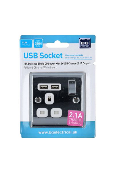 BG British General 13A Switched Single DP Socket with 2 x USB Charger Chrome and White