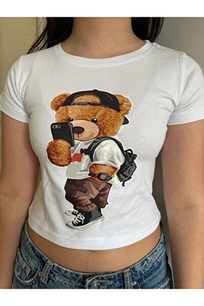 GRİLAND Kadın Beyaz Cool Ayıcık Baskılı Crop Likralı Pamuklu Slim Fit Kısa Crop