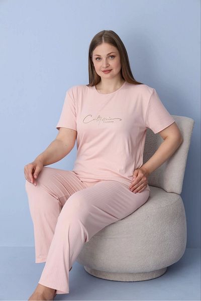 Pijamoni Women's Plus Size Salmon Color Short Sleeve Dublin Fabric Pajamas Set – 5425
