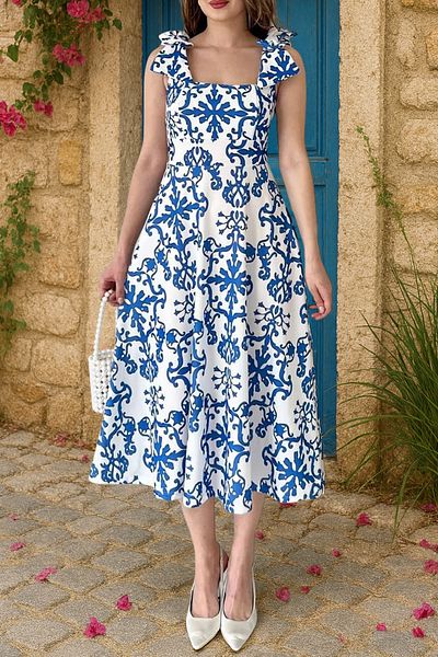 MILANOFOX Rochie de scuba pentru femei cu model albastru cu fundita pe umeri - Rochie midi elegantă de vară