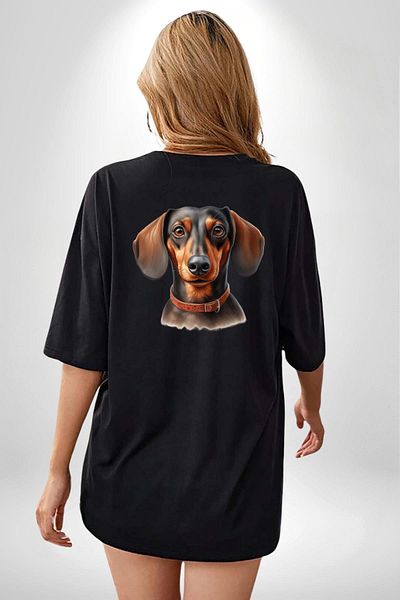Angemiel Sweet Dachshund Dog Love Black Oversize Women's Men's Front and Back Printed T-Shirt