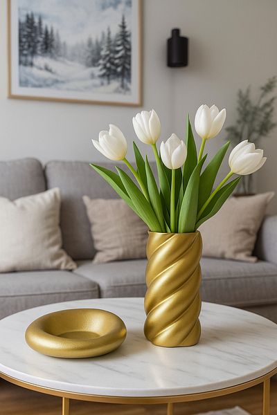Elada Beton Irregular Decorative Gold Bowl and Auger Large Size Vase Set of 2