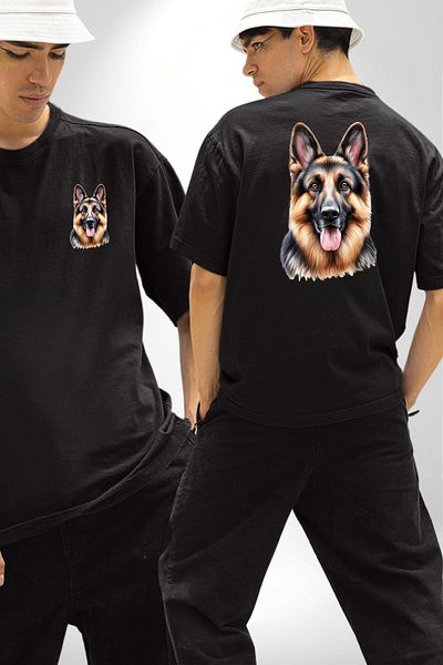 Angemiel Legendary German Shepherd Dog Love Dog Friendly Black Oversize Women Men Front and Back Printed T-Shirt