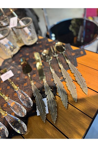 hediye Esterhomedecor 5-Piece Feather Model Metal Serving Spoon Antique Gold