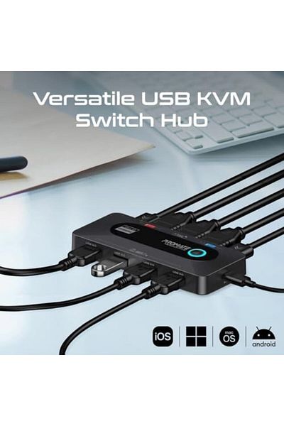 Promate Compact KVM Switch Selector with USB Hub, Four USB-A 3.0 Ports, Dual 4K HDMI Inputs, HDMI Ou