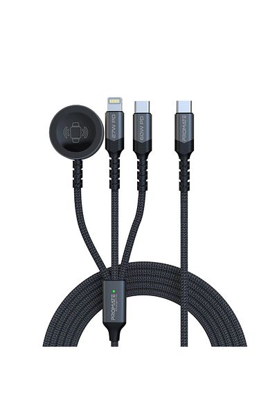 Promate كابل شحن متعدد 3 في 1، فائق السرعة 60 واط من USB-C™ إلى USB-C™، موصل Lightning 27 واط