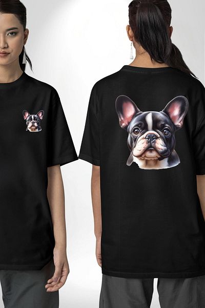Angemiel Pet Friendly French Bulldog Dog Friendly Black Oversize Women's Men's Front and Back Printed T-Shirt