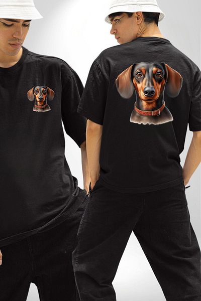 Angemiel Sweet Dachshund Dog Love Black Oversize Women's Men's Front and Back Printed T-Shirt