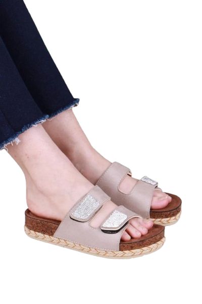 Pienn Summer Cream Velcro Slippers – Ecru Stripe Sole Detail