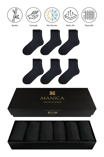 MANICA Мъжки бамбукови чорапи с половин крачол, 6 чифта - черни