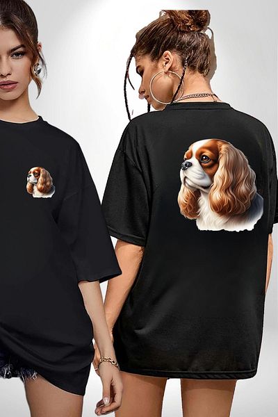 Angemiel Cavalier King Charles Spaniel Dog Design Black Oversize Women's Men's Front and Back Printed T-Shirt