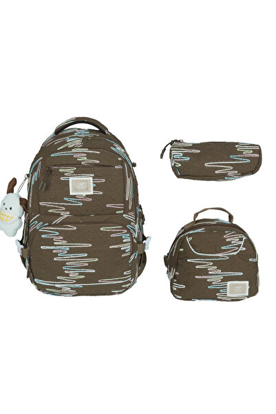 FATELLA Girl's Zigzag Patterned Brown 3-Piece School Bag – Korean Style, Plus...