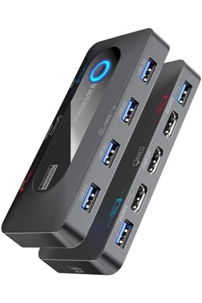 Promate Compact KVM Switch Selector with USB Hub, Four USB-A 3.0 Ports, Dual 4K HDMI Inputs, HDMI Ou