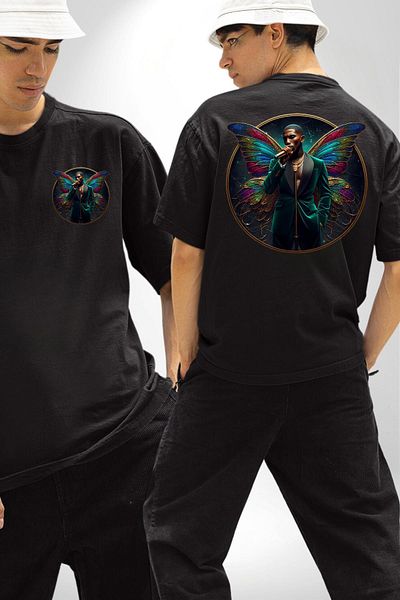 Angemiel Elegant Butterfly Microphone Winged Man Black Oversize Women Men Front and Back Printed T-Shirt