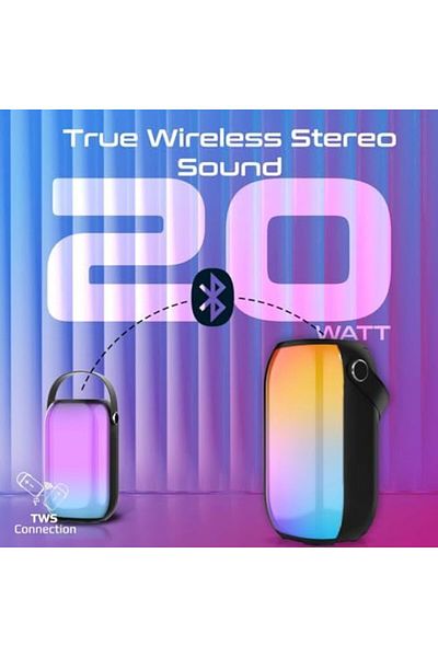 Promate مكبر صوت بلوتوث، مكبر صوت لاسلكي حقيقي بقوة 20 وات مع أضواء RGB ملونة، عمر بطارية طويل يصل إلى 4 ساعات،