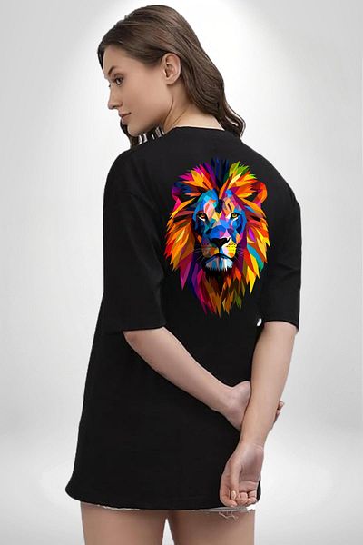 Angemiel Pop Art Lion Courage Themed Black Oversize Women's Men's Front and Back Printed T-Shirt