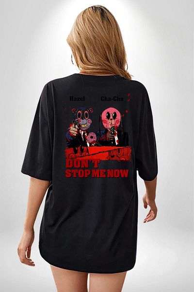 Angemiel  Bear & Bunny with Bloody Donuts Black Oversize Women Men Front and Back Printed T-Shirt