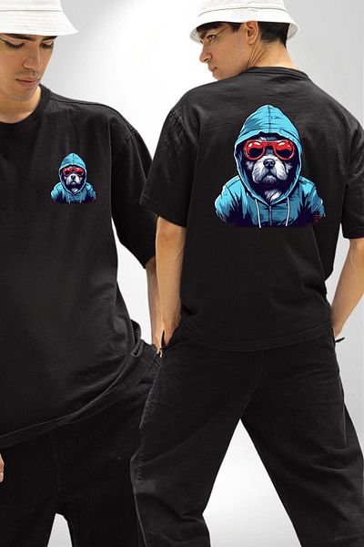 Angemiel Charismatic Terrier with Glasses Cool Dog Black Oversize Women's Men's Front and Back Printed T-Shirt