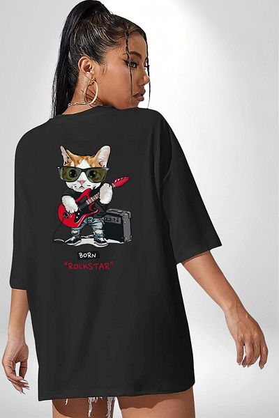 Angemiel Cat Rockstar Music Doesn'T Stop! Cover the Guitar Black Oversize Women Men Front and Back Printed T-Shirt