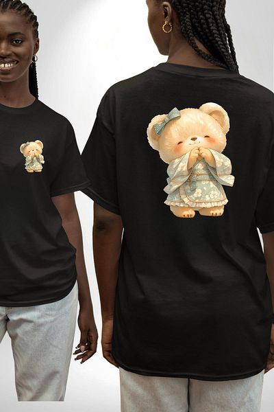 Angemiel Blue Floral Kimono Dress Teddy Bear Black Oversize Women's Men's Front and Back Printed T-Shirt