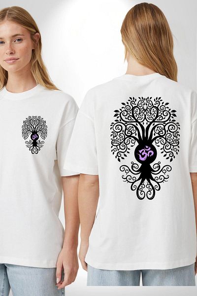 Angemiel تي شيرت Om Symbol and Tree of Life Yoga أبيض كبير الحجم للنساء والرجال مطبوع من الأمام والظهر
