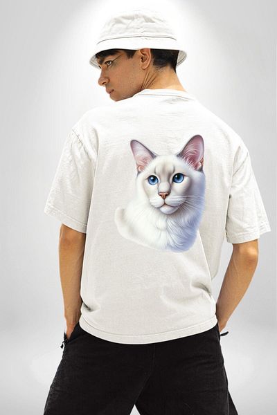 Angemiel تي شيرت Ragdoll Cat أبيض كبير الحجم للنساء والرجال مطبوع من الأمام والخلف