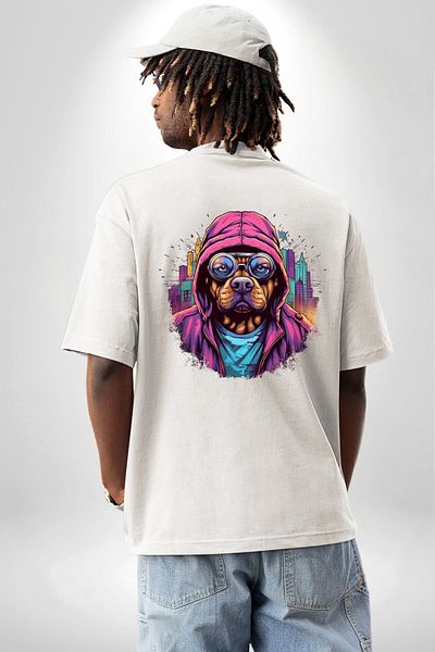 Angemiel تي شيرت مطبوع عليه Graffiti Street Art Dog Pattern أبيض كبير الحجم للنساء والرجال من الأمام والظهر