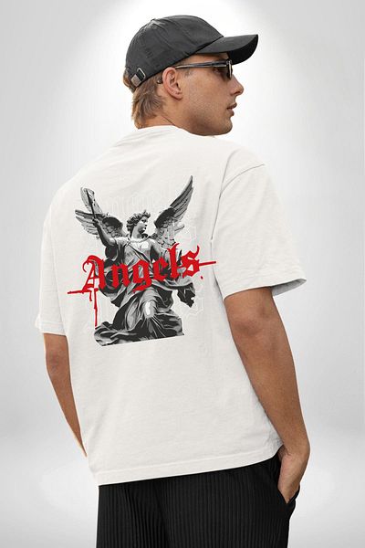 Angemiel تي شيرت Holy Power Legendary Angels قوي أبيض كبير الحجم للنساء والرجال مطبوع من الأمام والظهر