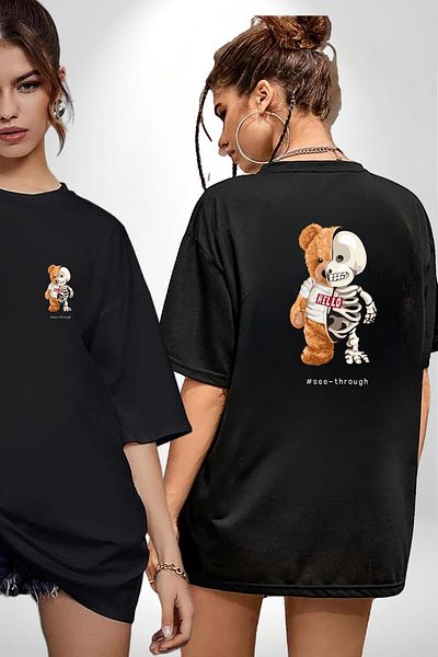 Angemiel Bear Teddy Show Your Real Face Skeleton Black Oversize Women Men Front and Back Printed T-Shirt