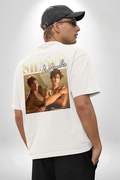 Angemiel تي شيرت Shawn Mendes Fan Fashion Rock أبيض كبير الحجم للنساء والرجال مطبوع من الأمام والظهر