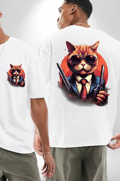 Angemiel تي شيرت مافيا ستايل مع نظارات Gangster Cat أبيض كبير الحجم للنساء والرجال مطبوع من الأمام والخلف