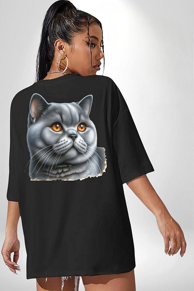 Angemiel Exotic Shorthair Cat Black Oversize Women's Men's Front and Back Printed T-Shirt