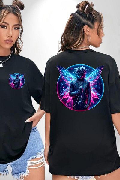 Angemiel Rapper with Microphone Hip Hop Blue-Pink Wings Black Oversize Women Men Front and Back Printed T-Shirt