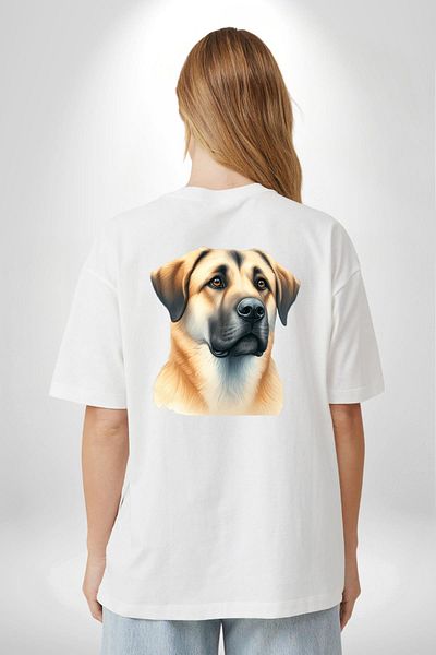 Angemiel تي شيرت مطبوع عليه كلب الراعي الأناضولي Kangal Faithful Dog أبيض كبير الحجم للنساء والرجال من الأمام والظهر