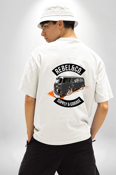 Angemiel Orange Detailed White Minibus Design White Oversize Women's Men's Front and Back Printed T-Shirt