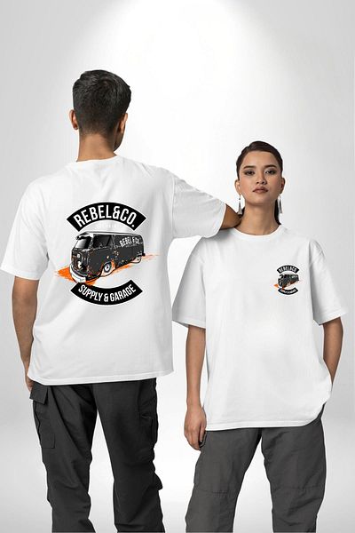 Angemiel Orange Detailed White Minibus Design White Oversize Women's Men's Front and Back Printed T-Shirt