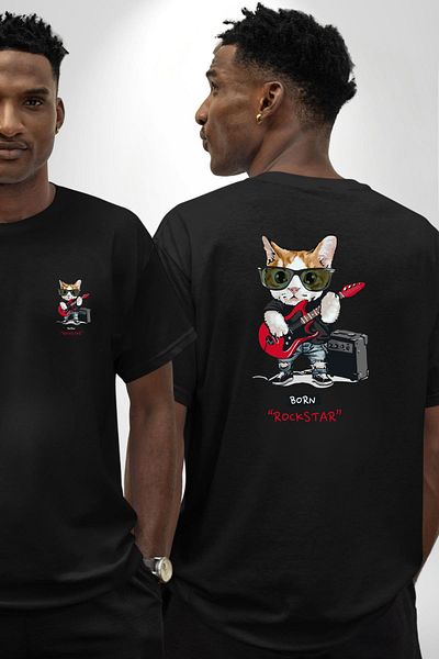 Angemiel Cat Rockstar Music Doesn'T Stop! Cover the Guitar Black Oversize Women Men Front and Back Printed T-Shirt