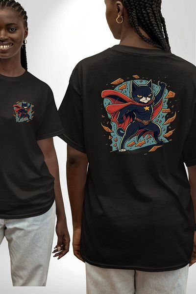 Angemiel Superhero Cat Black Oversize Women's Men's Front and Back Printed T-Shirt