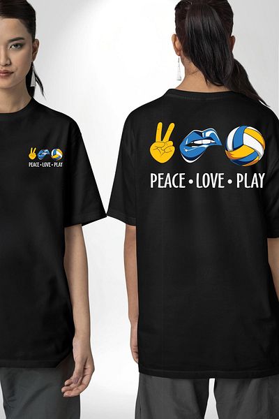 Angemiel Peace Love Play Volleyball Written Black Oversize Women's Men's Front and Back Printed T-Shirt